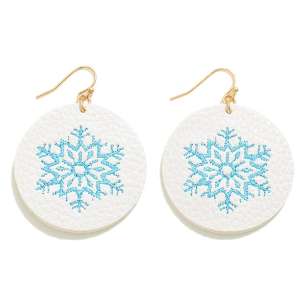 Leather Christmas Drop Earring Featuring Embroidered Snowflake 

- Approximately 2" L