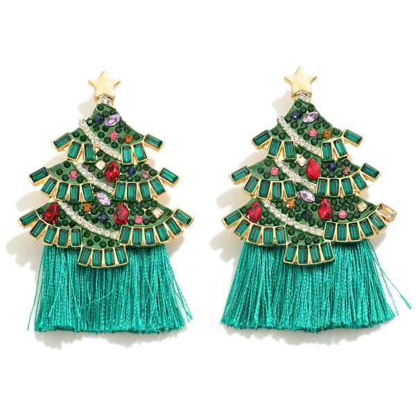 Gold Tone Enamel And Rhinestone Christmas Tree Statement Tassel Earrings

- Zinc Alloy
- Lead and Nickel Free
- Approximately 2.5"L