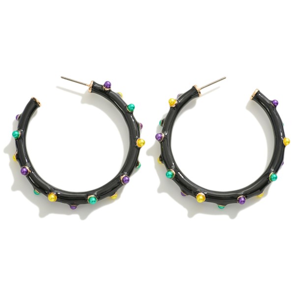 Mardi Gras Pearl Studded Metal Drop Hoop Earring

- Approximately 1.75" L
- Hypoallergenic Titanium Post 