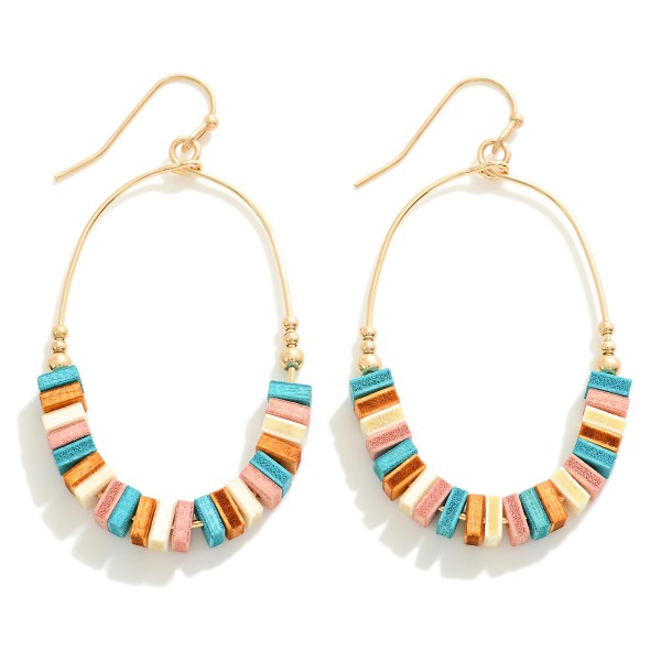 Simple Wire Hoop Drop Earrings Featuring Square Wood Beads