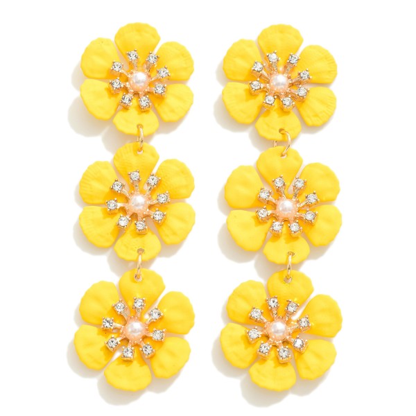 Wholesale linked Metal Flower Drop Earrings Rhinestone Pearl Details L