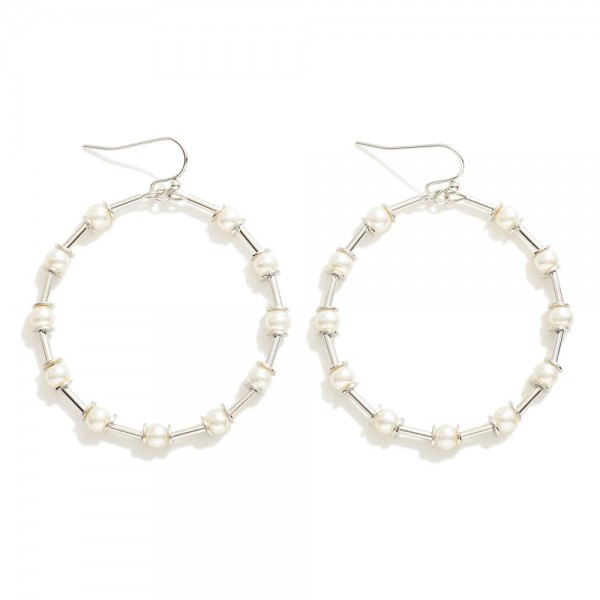 Metal Circle Drop Earrings Featuring Pearl Accents 

- Approximately 2" L