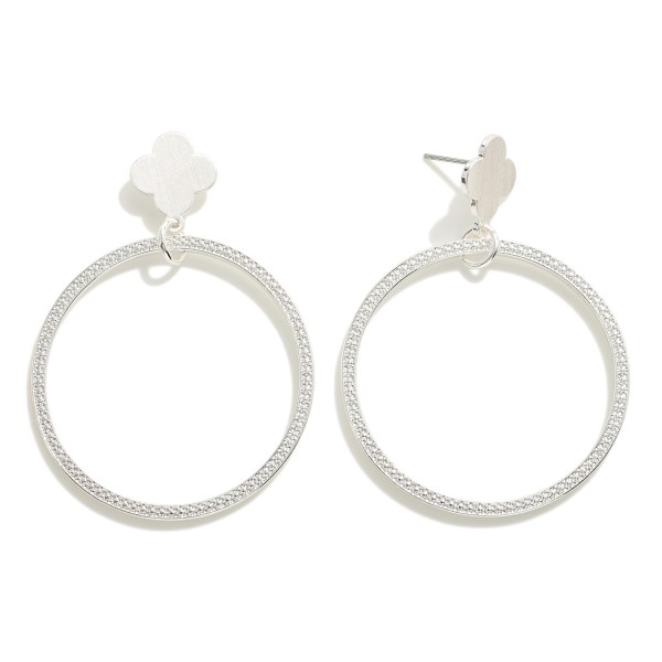 Metal Tone Hoop Drop Earrings With Clover Stud Posts

- Approximately 2" L