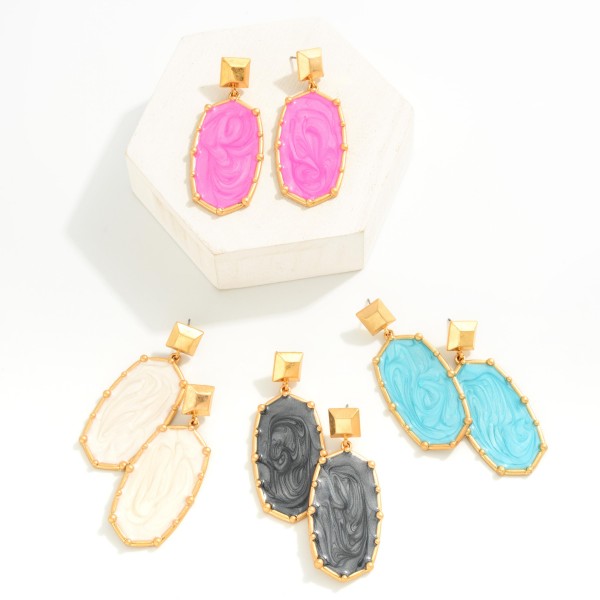 Resin Enamel Swirl Oval Drop Earrings With Metal Stud Border and Backing

- Approximately 2.25" L