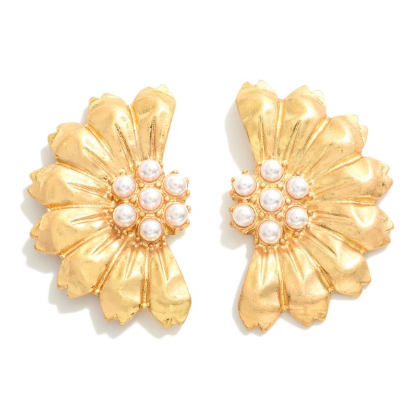 Metal Half Flower Post Drop Earrings With Pearl Cluster Focal

- Approximately 1" L