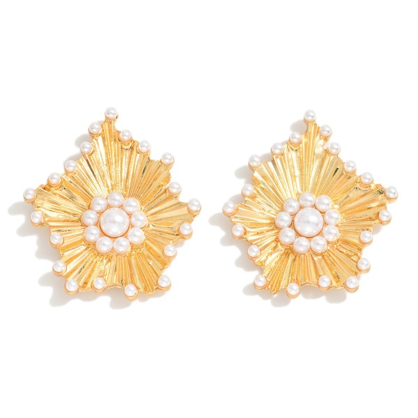 Gold Tone Metal Flower Post Drop Earrings With Pearl Border and Pearl Cluster Focal

- Approximately 1.5" L