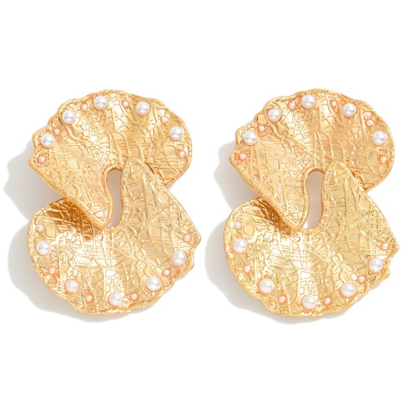 Wholesale linked Gold Metal Flower Petal Post Drop Earrings Pearl Details L