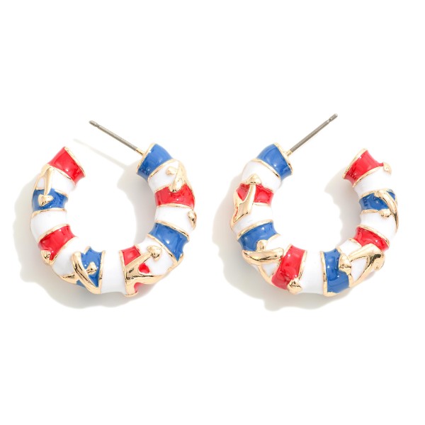 Enamel Coated Stripe Anchors Hoop Earrings

- Approximately 1" D
- Hypoallergenic
- Titanium Post / Brass Hook