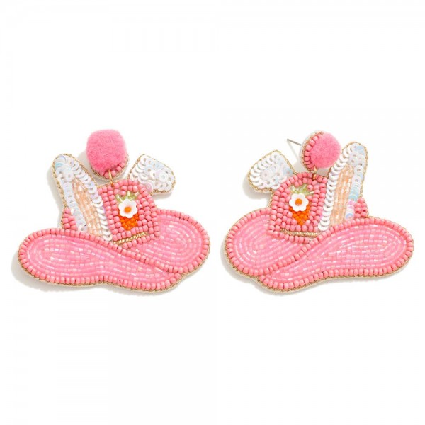 Wholesale cowboy Hat Easter Bunny Ears Seed Beaded Earrings Sequin Detail Pom Po