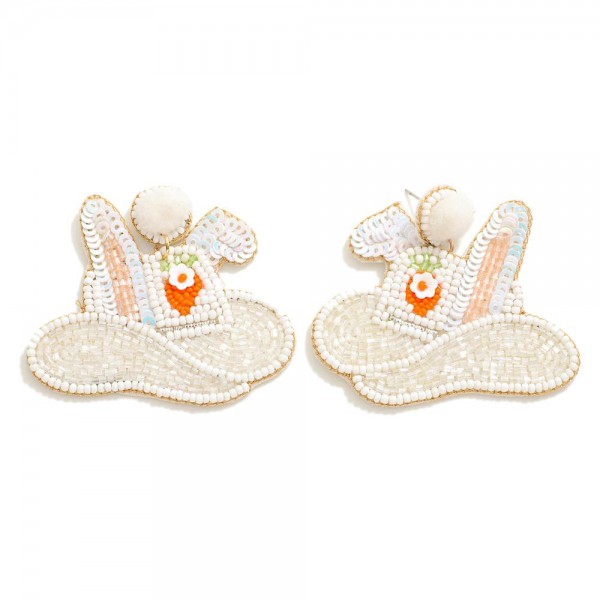 Wholesale cowboy Hat Easter Bunny Ears Seed Beaded Earrings Sequin Detail Pom Po