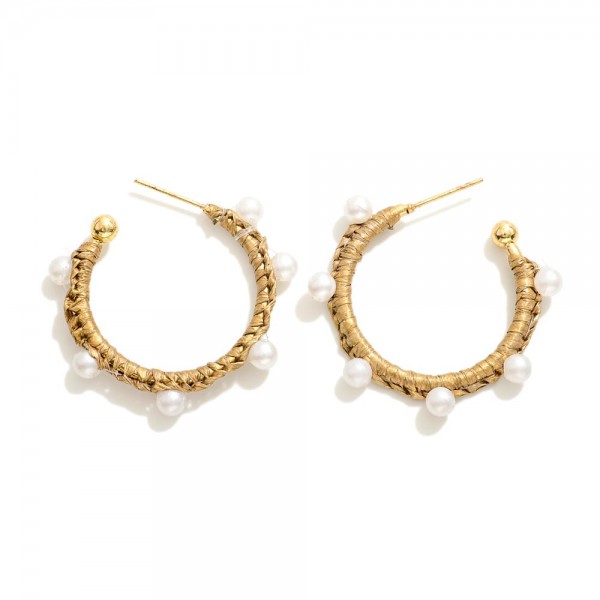 Wholesale raffia Wrapped Hoop Earrings Pearl Details D