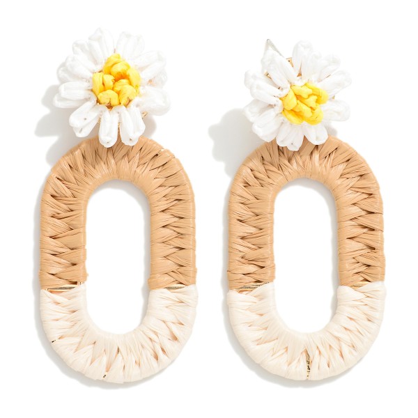 Two Toned Raffia Stretched Hoop Drop Earrings With Raffia Flower Stud Posts

- Approximately 2.5" L