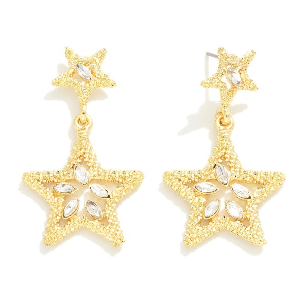 Wholesale textured Metal Star Drop Earrings Rhinestone Details L