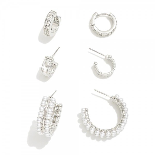 Wholesale set Three Huggie Hoop Earrings Pearl Rhinestone Details L