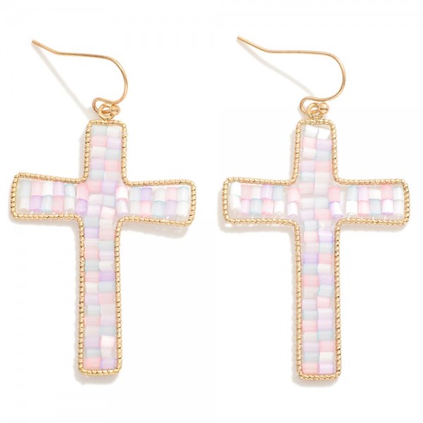 Wholesale seed Beaded Cross Drop Earrings Gold Border L