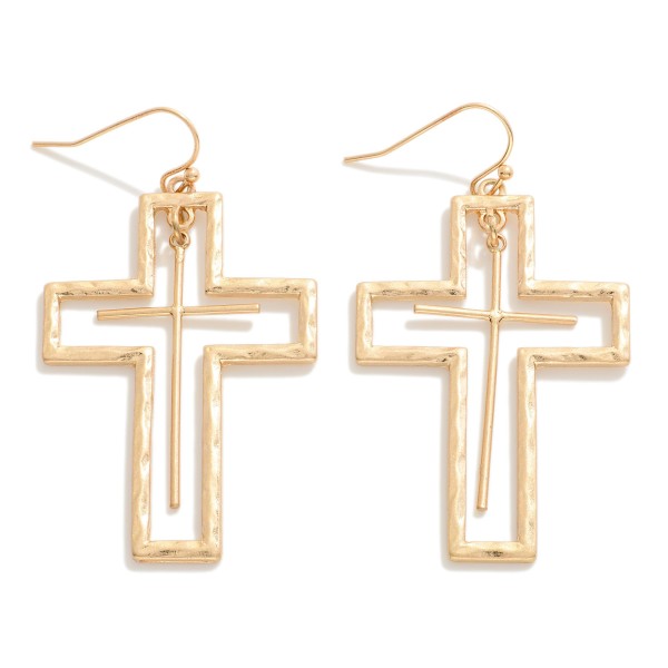 Hammered Metal Cross and Cross Dangle Charm Drop Earrings

- Approximately 2" L