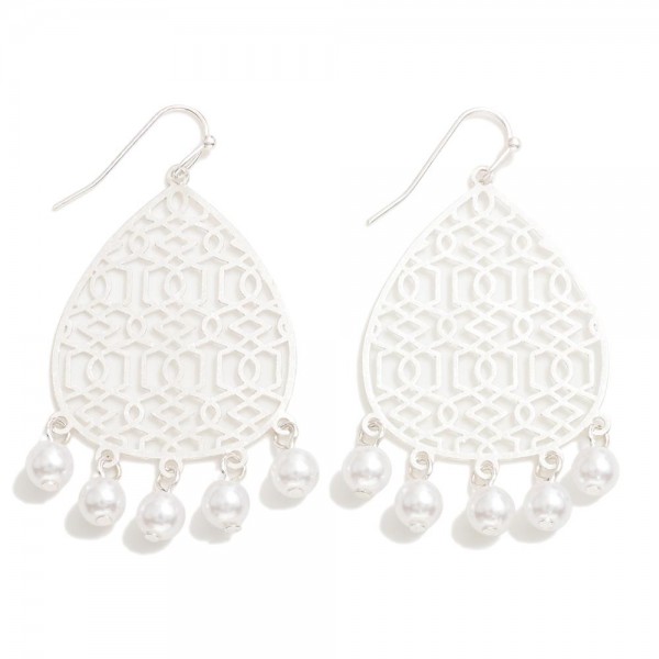 Metal Filigree Teardrop Earring With Pearl Accent 

- Approximately 2" L