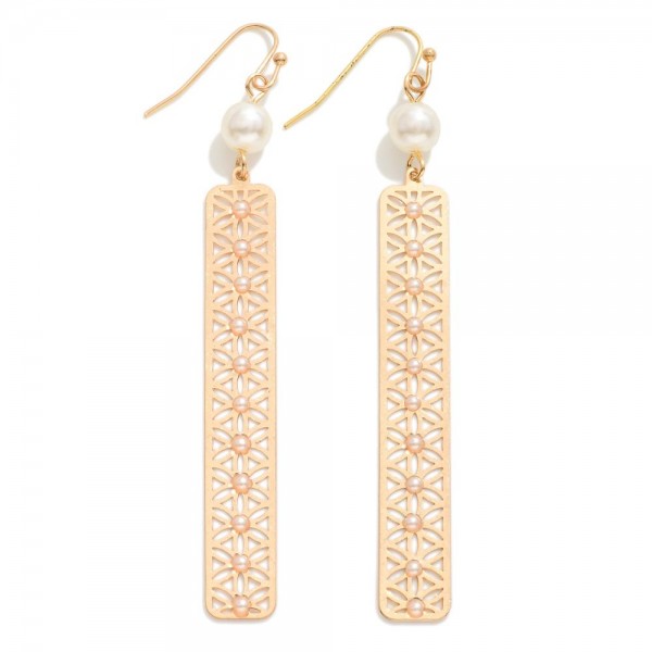 Wholesale metal Geometric Laser Cut Drop Earrings Pearl Accents L