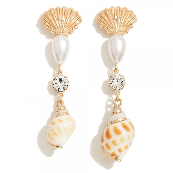 Linked Metal Shell Earrings With Pearl & Rhinestone Accents 

- Approximately 2.5" L