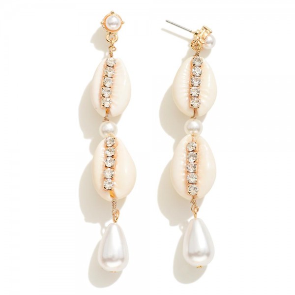 Wholesale cowrie Shell Drop Earrings Rhinestone Pearl Accents L