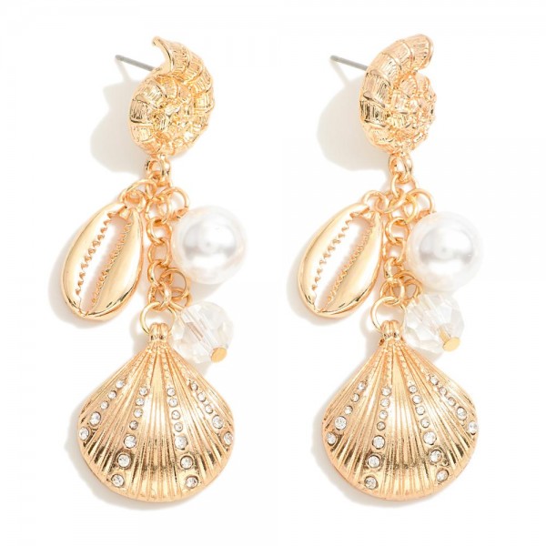 Wholesale linked Metal Shell Drop Earrings Pearl Faceted Bead Accents L
