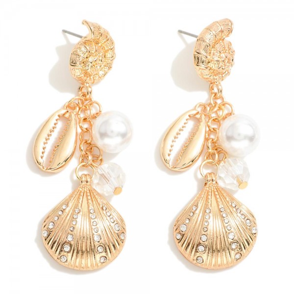 Linked Metal Shell Drop Earrings With Pearl & Faceted Bead Accents 

- Approximately 2.25" L