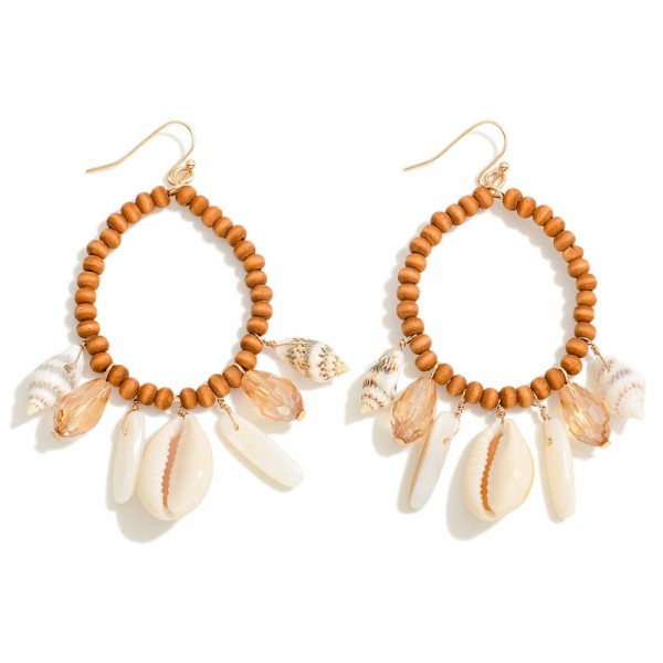 Wood Beaded Hoop Earrings Featuring Shell & Faceted Bead Charms 

- Approximately 3" L
- Hoop 1.25" D