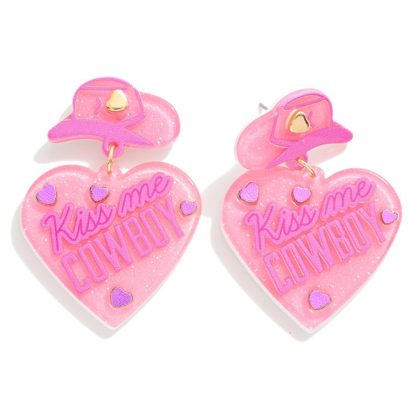 Wholesale kiss me Cowboy Glitter Acetate Heart Drop Earrings Cowboy Hat Stud Po