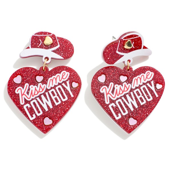 "Kiss me Cowboy" Glitter Acetate Heart Drop Earrings With Cowboy Hat Stud Posts

- Approximately 1.75" L