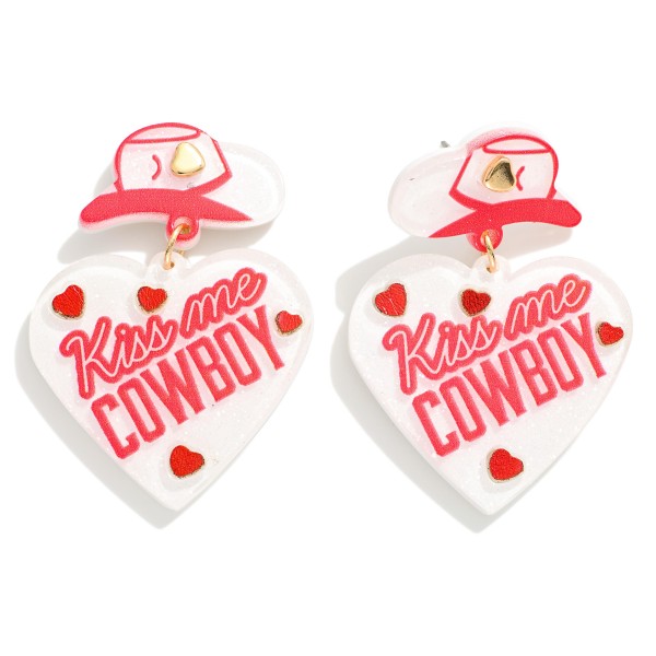 "Kiss me Cowboy" Glitter Acetate Heart Drop Earrings With Cowboy Hat Stud Posts

- Approximately 1.75" L