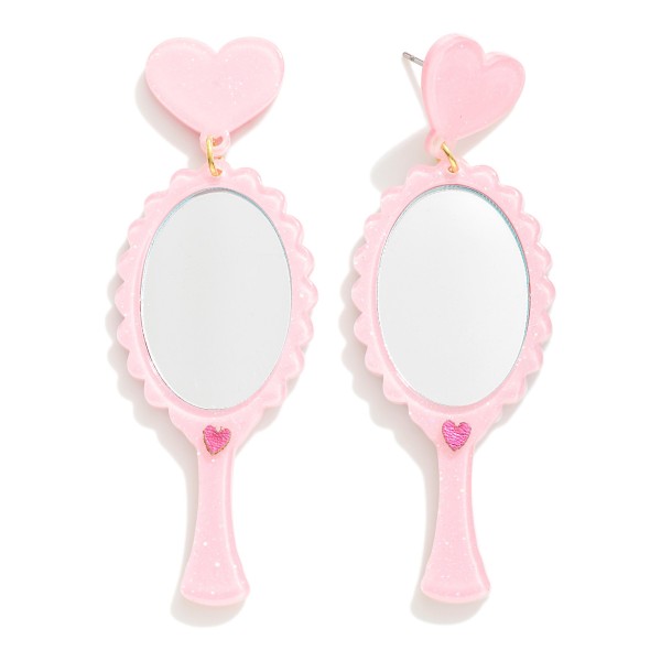 Reflective Acetate Hand Mirror and Heart Drop Earrings

- Approximately 3" L