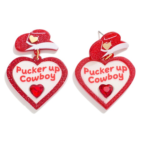 "Pucker up Cowboy" Glitter Acetate Heart Drop Earrings With Cowboy Hat Stud Posts

- Approximately 1.75" L