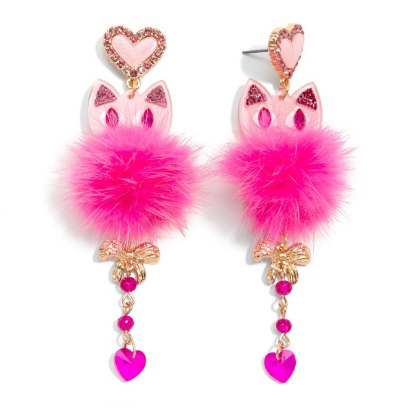 Glitter Valentine's Day Cat Drop Earring With Pom Accent 

- Approximately 3.75" L