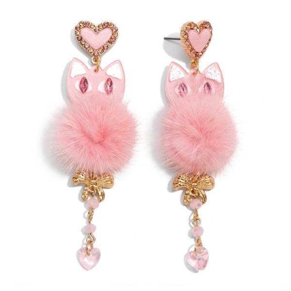 Glitter Valentine's Day Cat Drop Earring With Pom Accent 

- Approximately 3.75" L