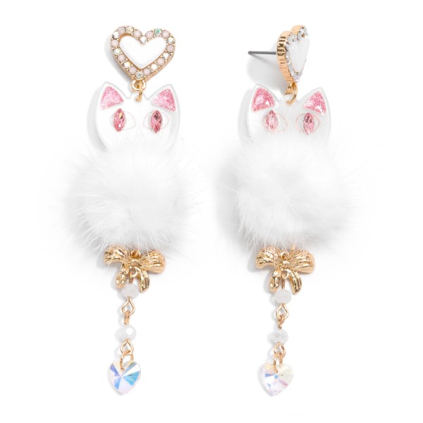 Glitter Valentine's Day Cat Drop Earring With Pom Accent 

- Approximately 3.75" L