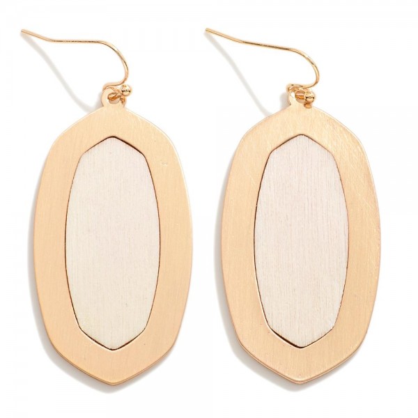 Wooden Hexagon Drop Earrings With Gold Tone Border

- Approximately 2" L 