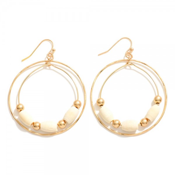 Hammered Metal Linked Hoop Post Drop Earrings With Gold Tone & Wood Bead Details 

- Approximately 2.25" L