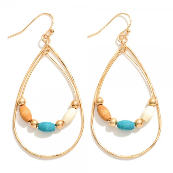 Wholesale hammered Metal Linked Teardrop Drop Earrings Wood Gold Beads L