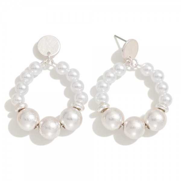 Wholesale metal Beaded Drop Hoop Earrings Pearl Detail L