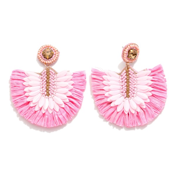 Fanned Raffia Post Drop Earrings Featuring Seed Bead & Rhinestones

- Approximately 2.75" L