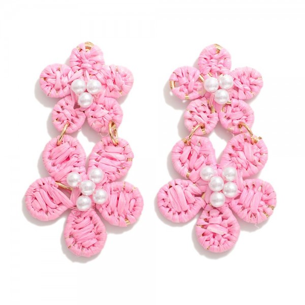 Wholesale raffia Wrapped Linked Flower Drop Earring Pearl Beaded Accent L