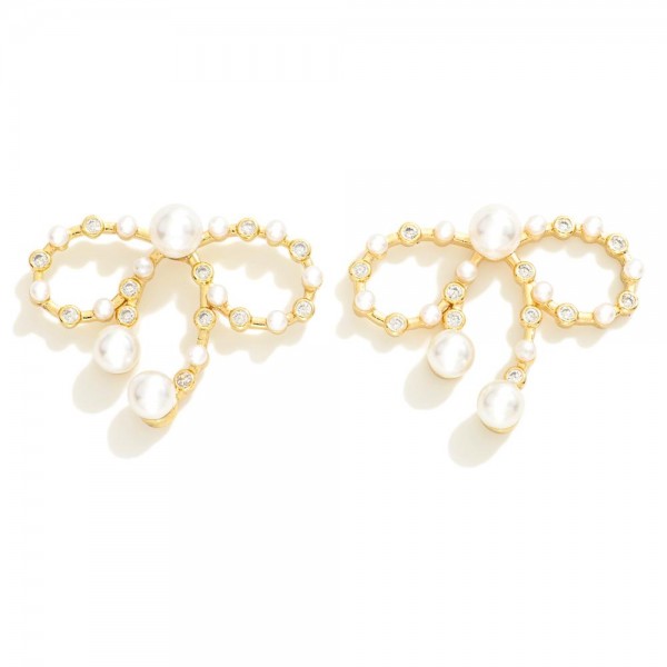 Wholesale metal Bow Stud Earrings Rhinestone Pearl Details L