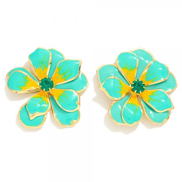 Wholesale painted Metal Stacked Flower Earrings Rhinestone Center L