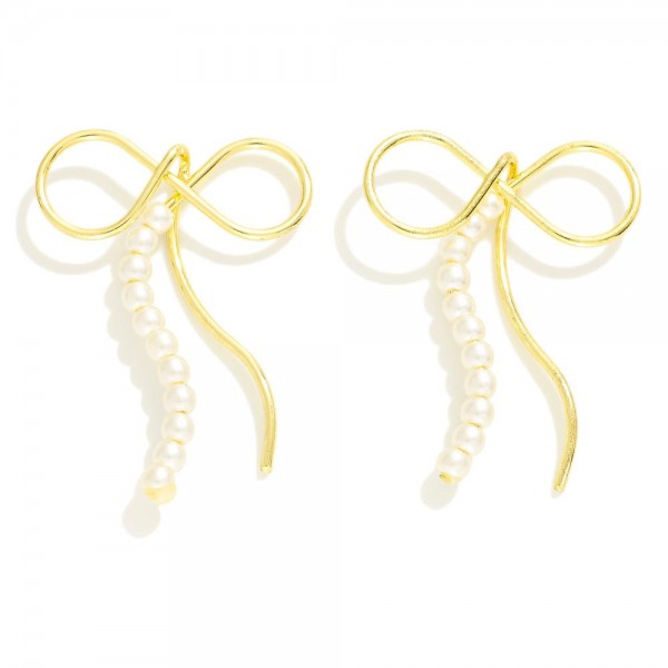 Wholesale simple Metal Bow Drop Earrings Pearl Accent L