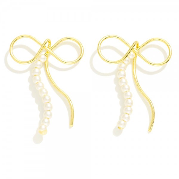 Simple Metal Tone Bow Drop Earrings With Pearl Accent

- Approximately 1.5" L 
