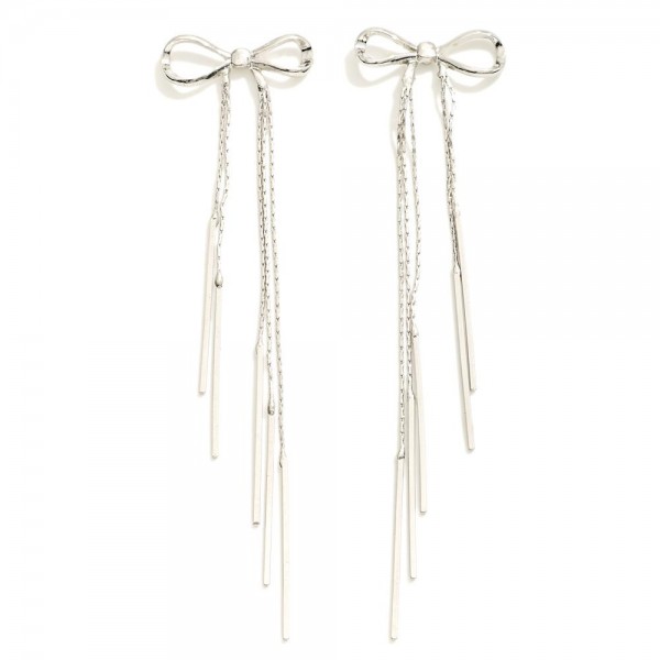 Metal Tone Bow Drop Earrings With Chain Tassels 

- Approximately 4" L