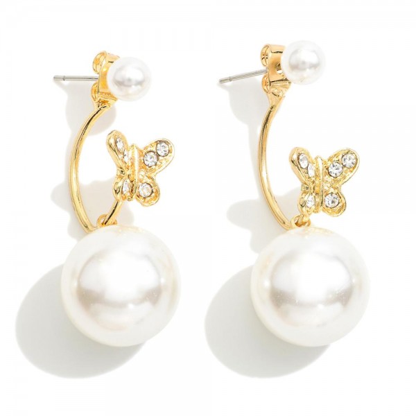 Simple Pearl Stud Earrings Featuring Pearl & Rhinestone Butterfly Ear Jacket 

- Approximately 1.5" L