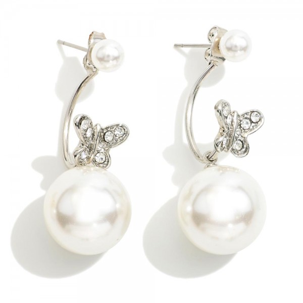 Simple Pearl Stud Earrings Featuring Pearl & Rhinestone Butterfly Ear Jacket 

- Approximately 1.5" L