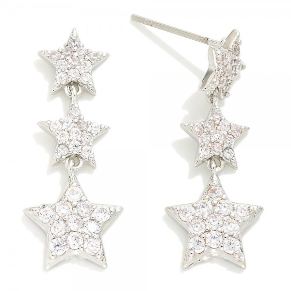 Metal Tone Cubic Zirconia Studded Linked Stars Post Drop Earrings 

- Approximately 1" L