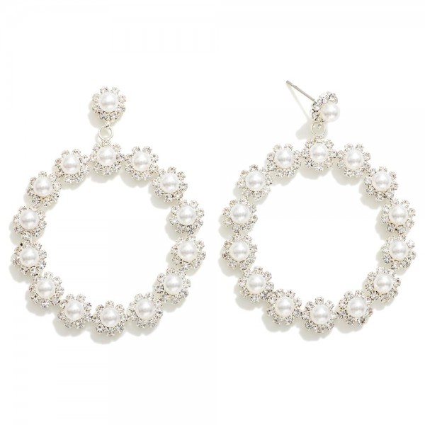 Wholesale pearl Studded Hoop Post Drop Earrings Rhinestone Details L